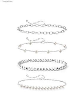 14K Gold Plated Pearl Beaded Bracelet Set with Paperclip Link Chain
